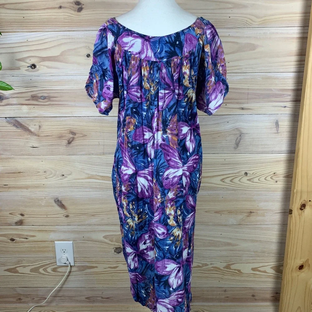 Daffodil Loungewear Dress Womens Large Dark Floral Crochet Cotton Crinkle Muumuu